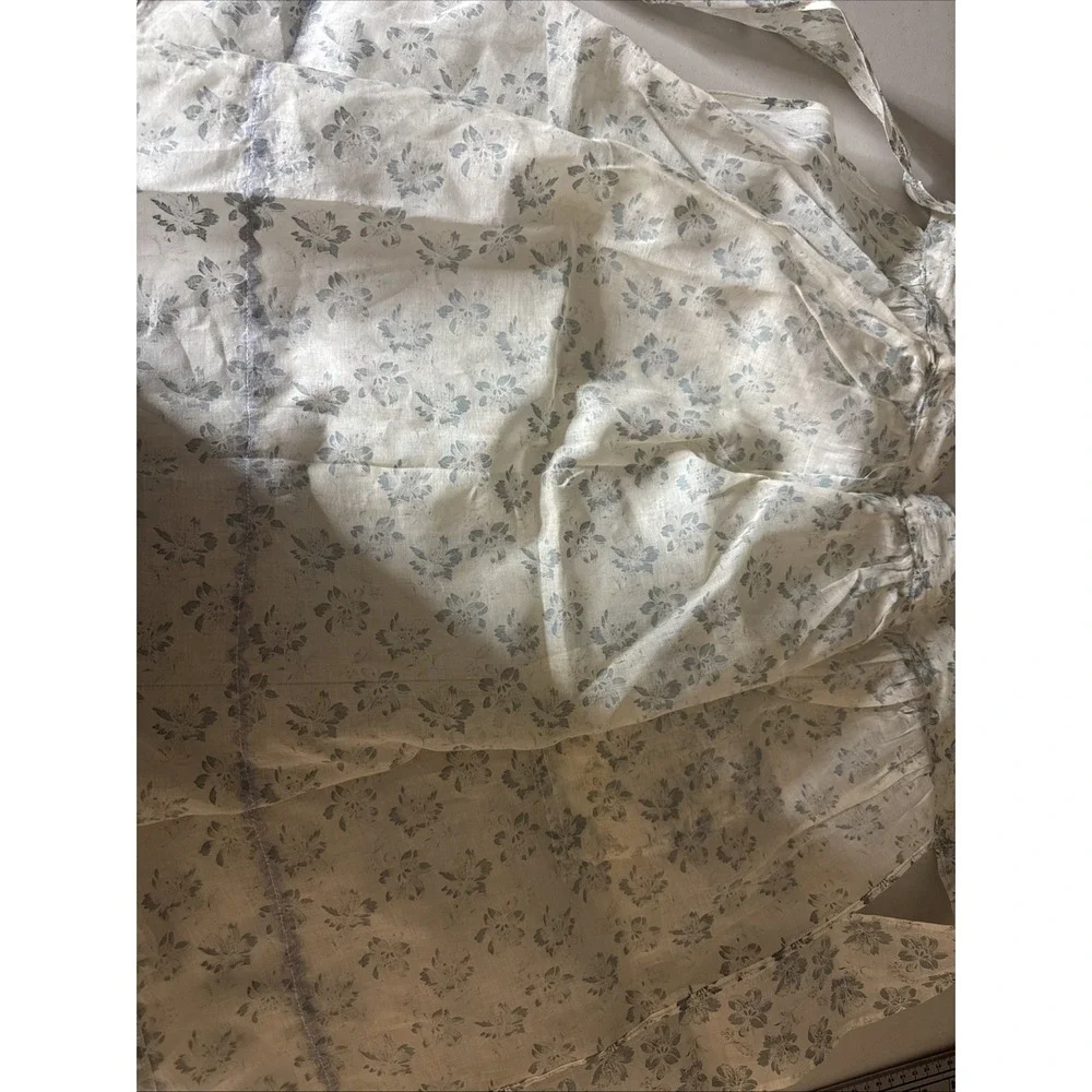 Handmade White Linen Apron Blue Floral‎ Embroidery Adjustable Tie Waist